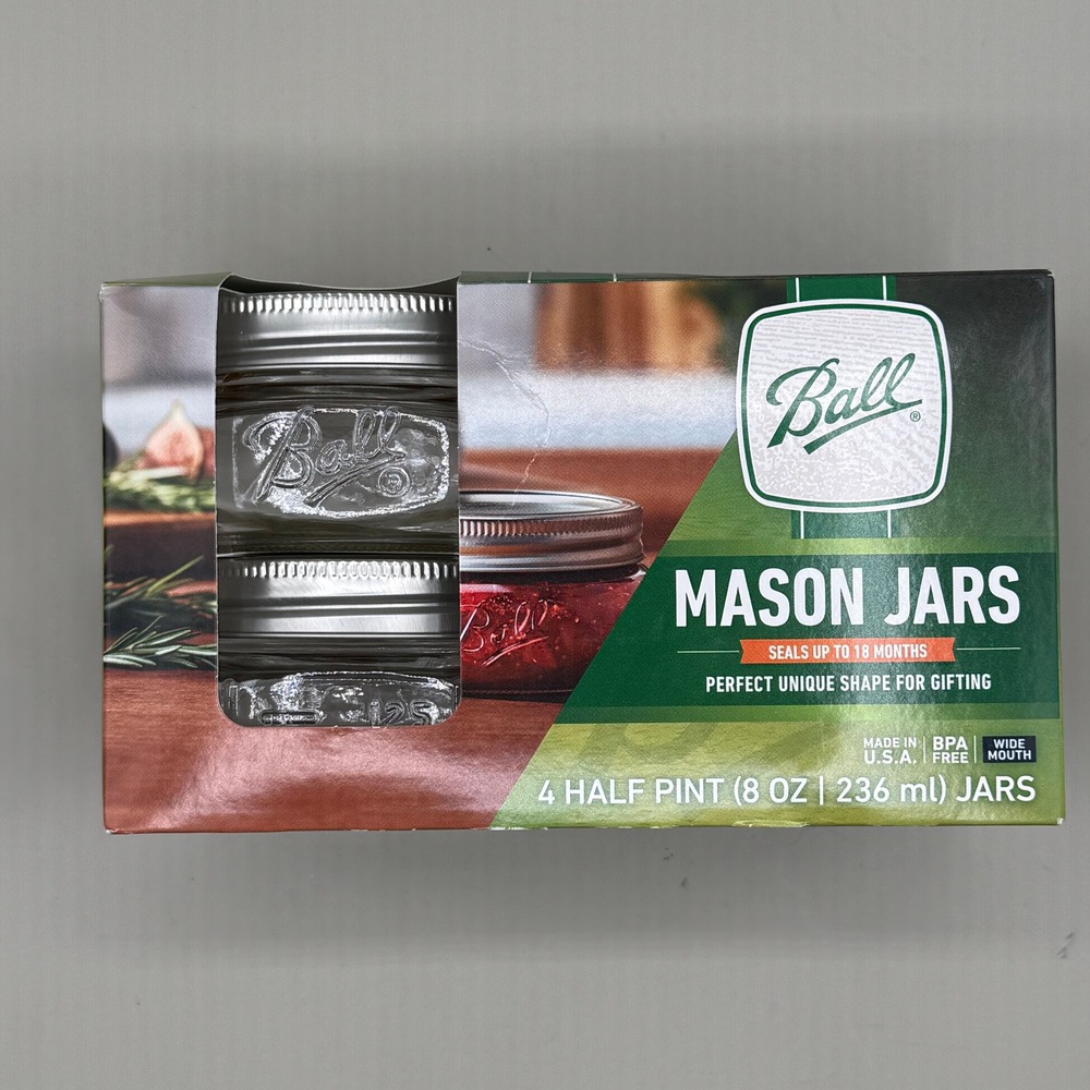 Ball Mason Jars 8 oz Half Pint Wide Mouth/Squat Glass Jars with Lids 4 Pack New
